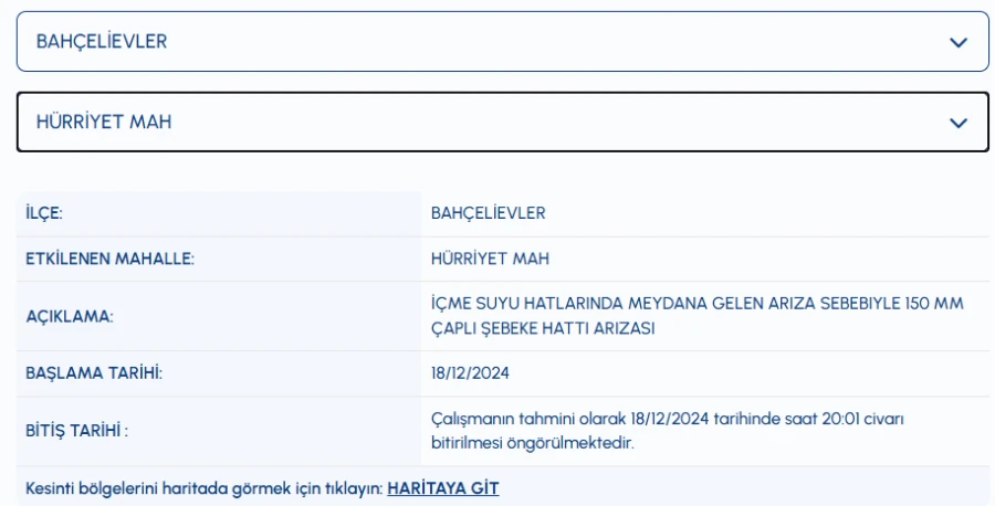 Bahçelievler su kesintisi 18 Aralık