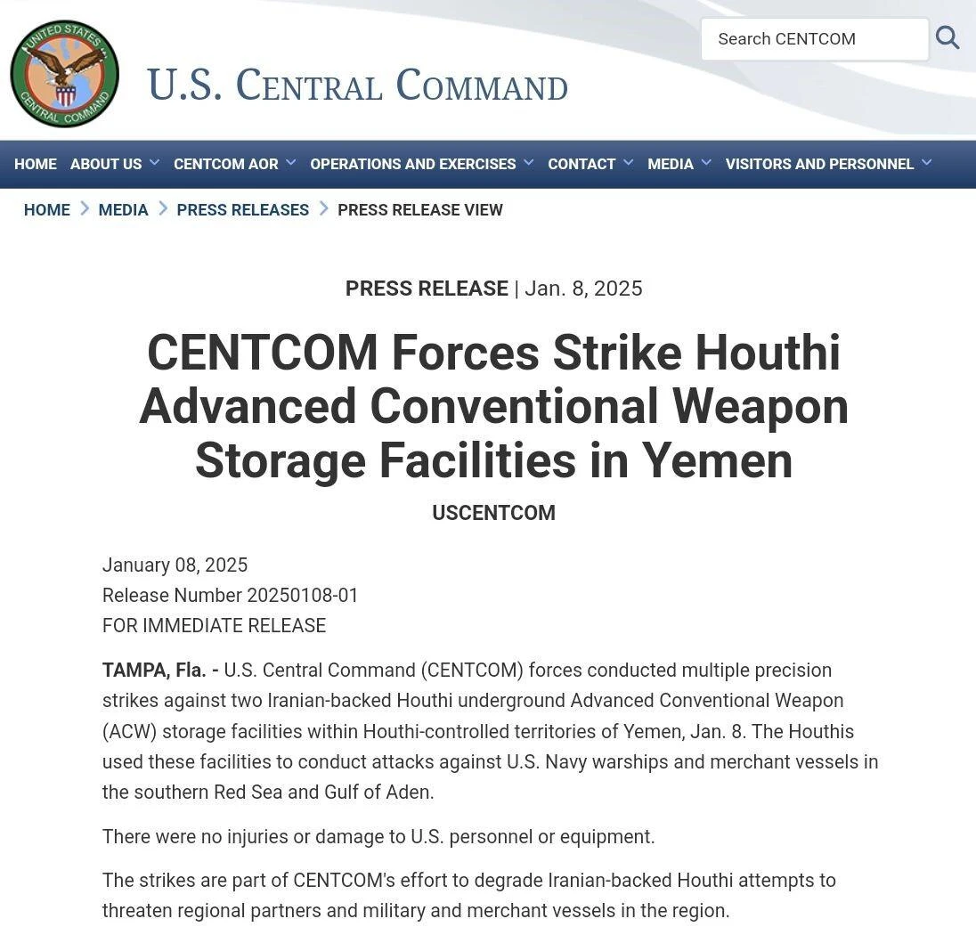 CENTCOM, Yemen’de İran Destekli Husilere Ait Silah Depolarına Saldırı gerçekleştirdi