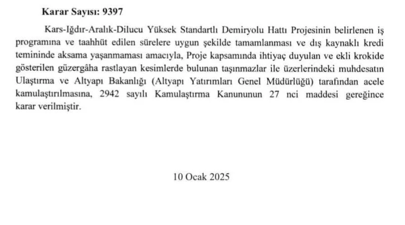 Erdoğan'ın Kararıyla Kars-Iğdır-Aralık-Dilucu Demiryolu Projesi İçin Taşınmazlar Acele Kamulaştırılacak 1