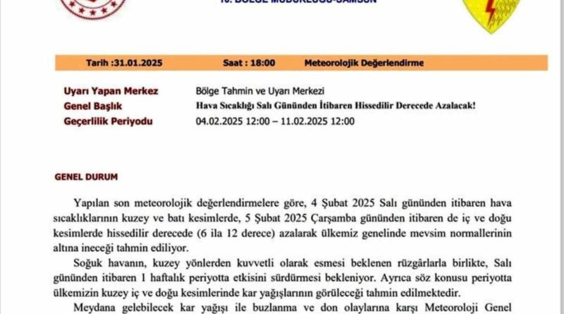 Meteoroloji: Samsun'da 6 Dereceye Gerilecek Soğuk Hava, Türkiye'de Hissedilir Derecede Soğuma Bekleniyor 1