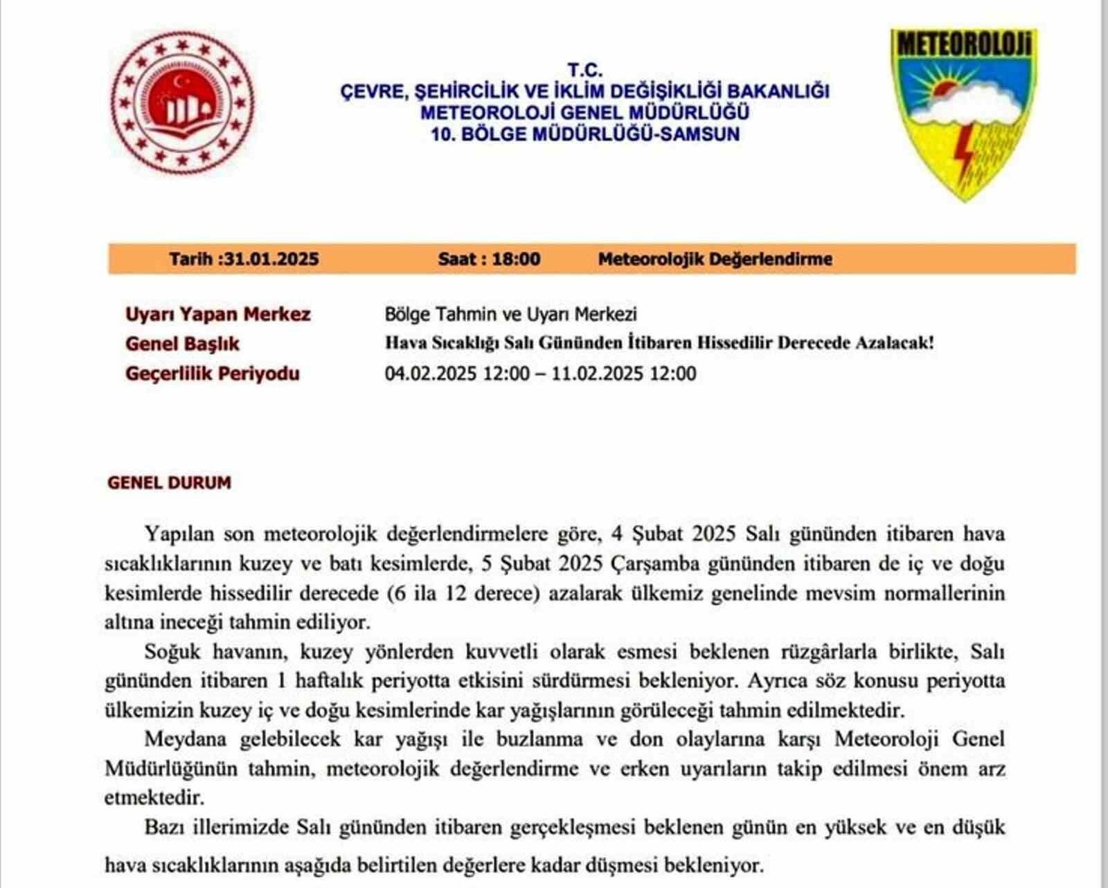 Meteoroloji: Samsun’da 6 Dereceye Gerilecek Soğuk Hava, Türkiye’de Hissedilir Derecede Soğuma Bekleniyor