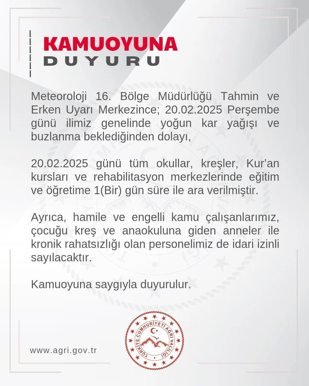 Ağrı’da Yoğun Kar Yağışı ve Buzlanma Nedeniyle Eğitim-Öğretime Bir Gün Ara Verildi