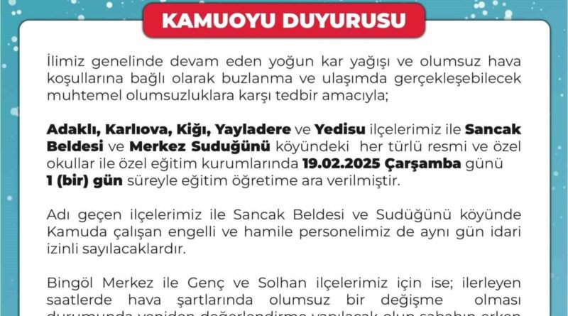 Bingöl’de Yoğun Kar Yağışı Nedeniyle 5 İlçede Okullar Tatil Edildi 1