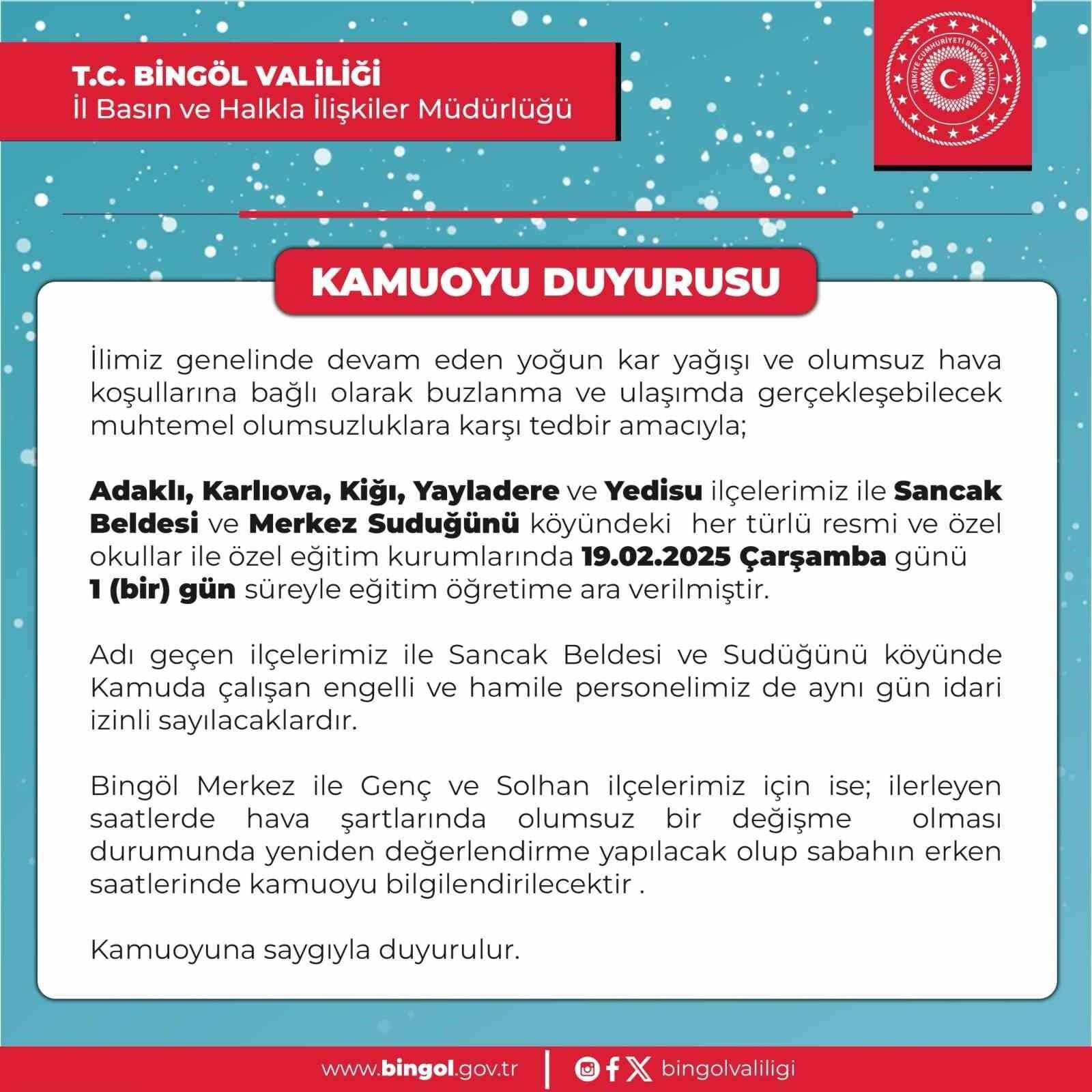 Bingöl’de Yoğun Kar Yağışı Nedeniyle 5 İlçede Okullar Tatil Edildi