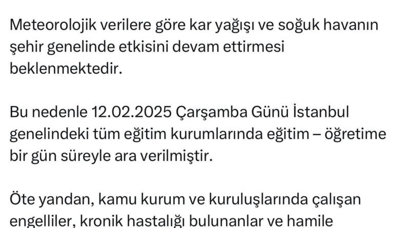 İstanbul Valisi Davut Gül'ün Kar Yağışı Nedeniyle Öğretim ve İdari İzin Açıklaması 1