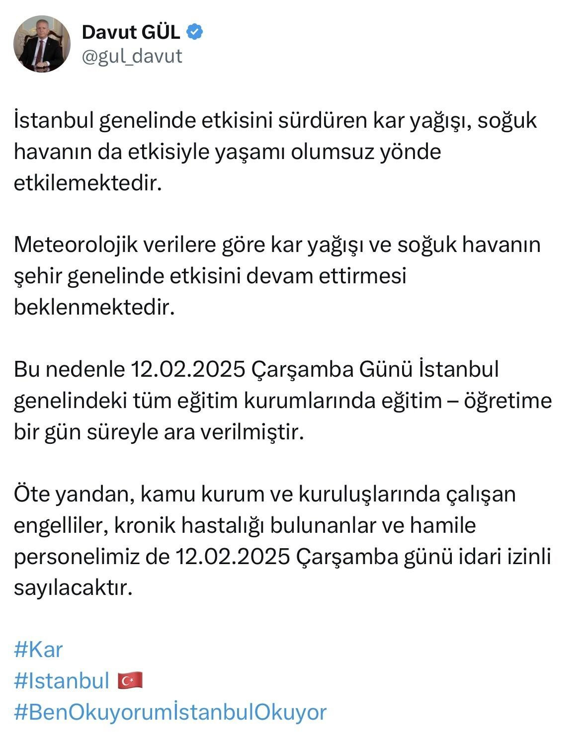 İstanbul Valisi Davut Gül’ün Kar Yağışı Nedeniyle Öğretim ve İdari İzin Açıklaması