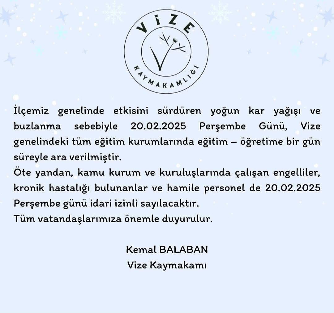 Kırklareli Vize’de Yoğun Kar Yağışı Nedeniyle Okullarda Eğitim Bir Gün Askıya Alındı