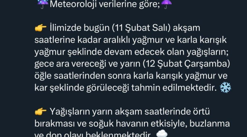 Sakarya Valiliği: Soğuk Hava ve Yağışlar İçin Uyarı 1