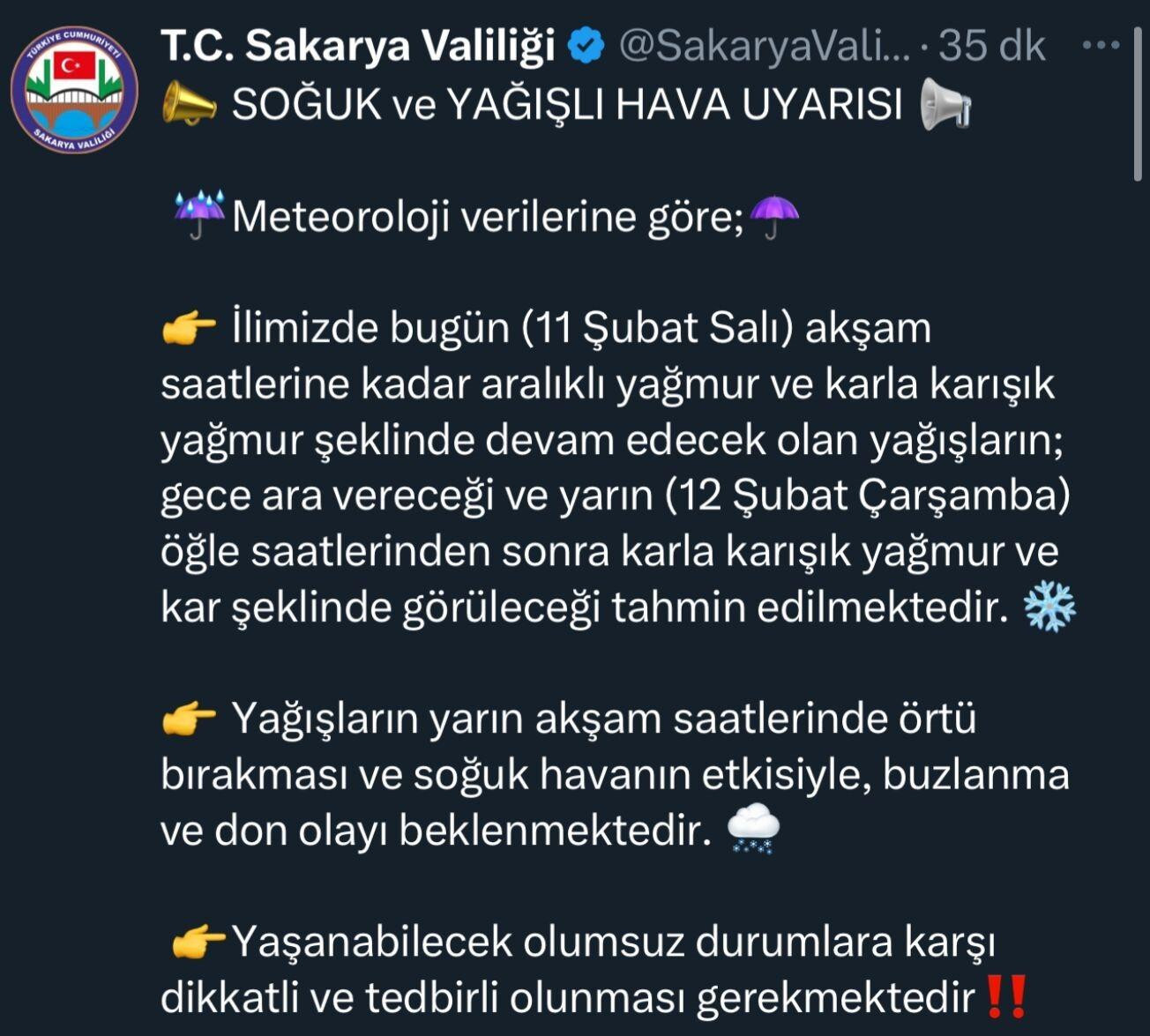 Sakarya Valiliği: Soğuk Hava ve Yağışlar İçin Uyarı