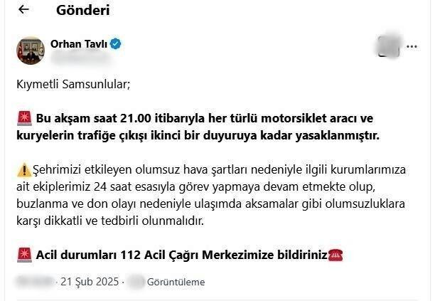 Samsun’da kurye ve motosikletlerin trafiğe çıkışı yasaklandı