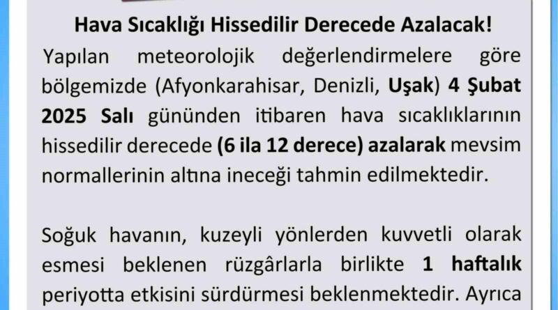 Uşak Valiliği: 4 Şubat'tan itibaren Soğuk Hava Uyarısı 1