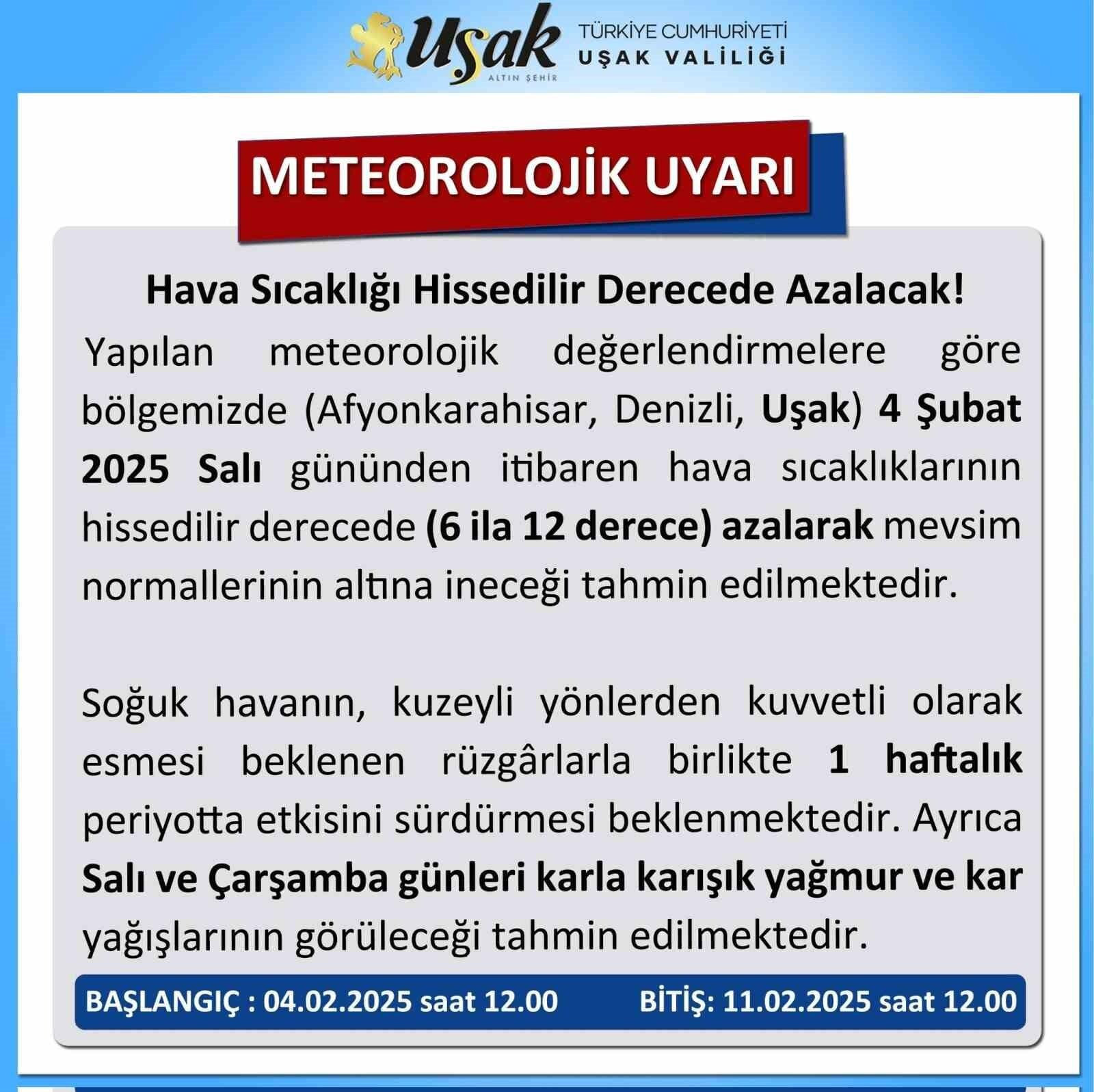 Uşak Valiliği: 4 Şubat’tan itibaren Soğuk Hava Uyarısı