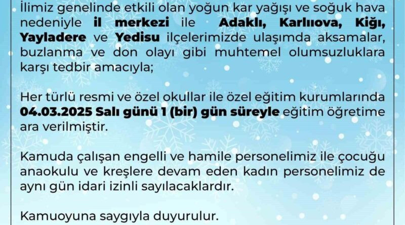 Bingöl ve 5 İlçede Kar Yağışı Nedeniyle Eğitime Ara Verildi 1