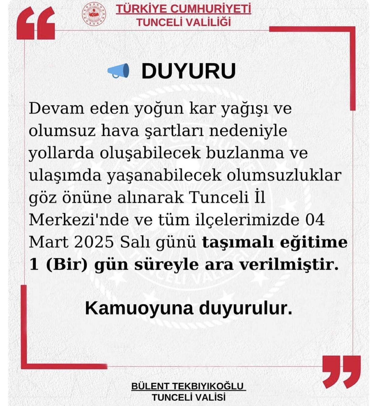 Tunceli’de Yoğun Kar Yağışı Nedeniyle Eğitime 1 Gün Ara Verildi