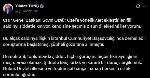 Bakan Tunç: “CHP Genel Başkanı Özgür Özel’e geçmiş olsun dileklerimi iletiyorum”