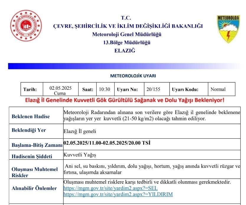 Meteorolojiden Elazığ’a “kuvvetli yağış” uyarısı