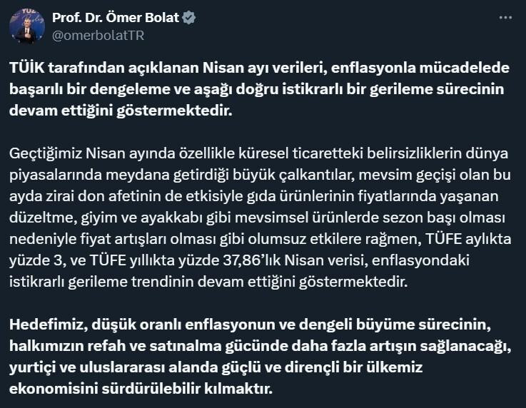 Ticaret Bakanı Bolat: “Nisan verileri, enflasyondaki gerileme trendinin devam ettiğini göstermektedir”